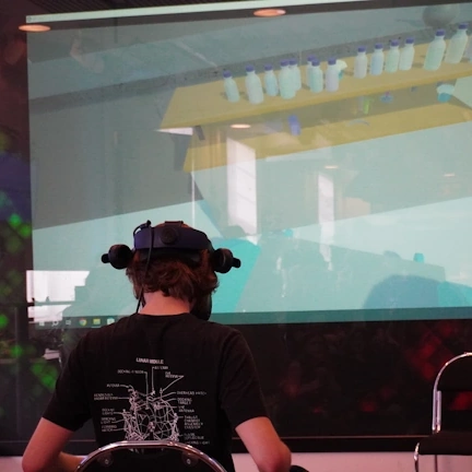 Me wearing a VR headset, testing a colleague's project
